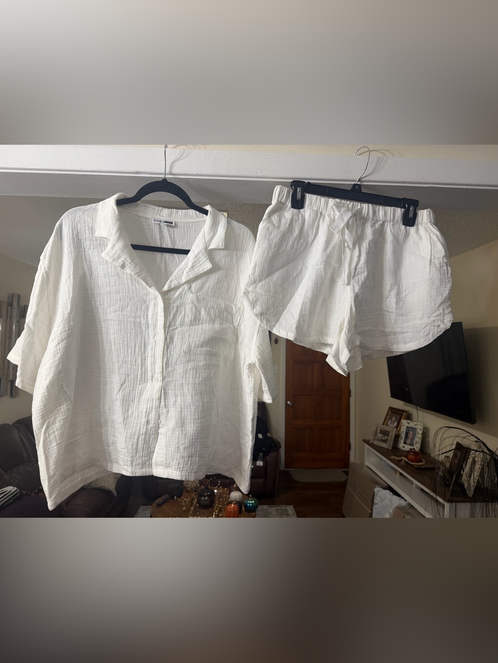 Fashion Nova White Gauze Button-Up Shirt & Shorts Matching Set – Size Large 🤍